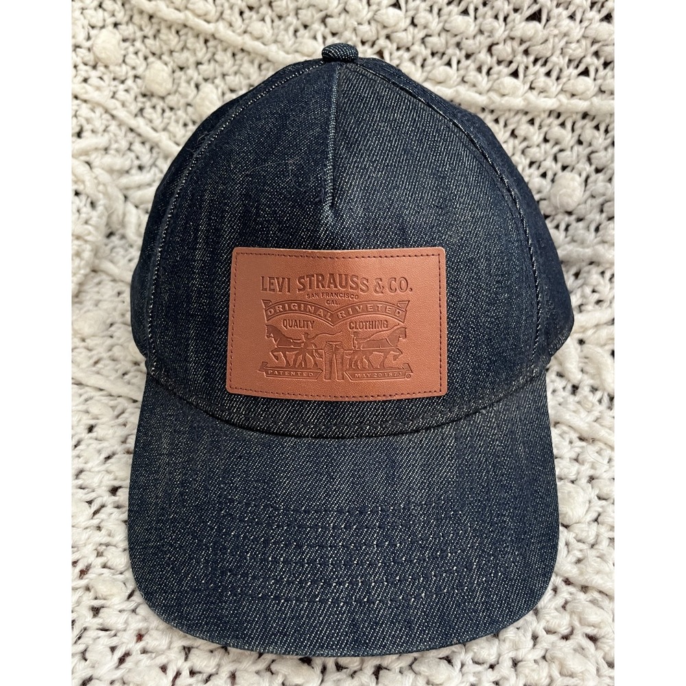 Levi Strauss & Co Blue Denim Adjustable Baseball Hat Cap Leather Patch Mens
